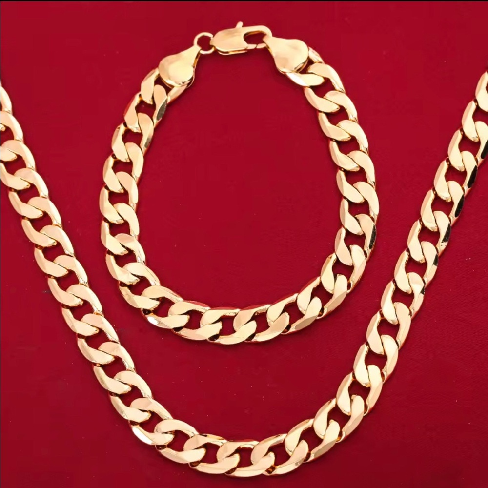 Gold tone, sterling silver Cuban Link Necklace and Bracelet Set